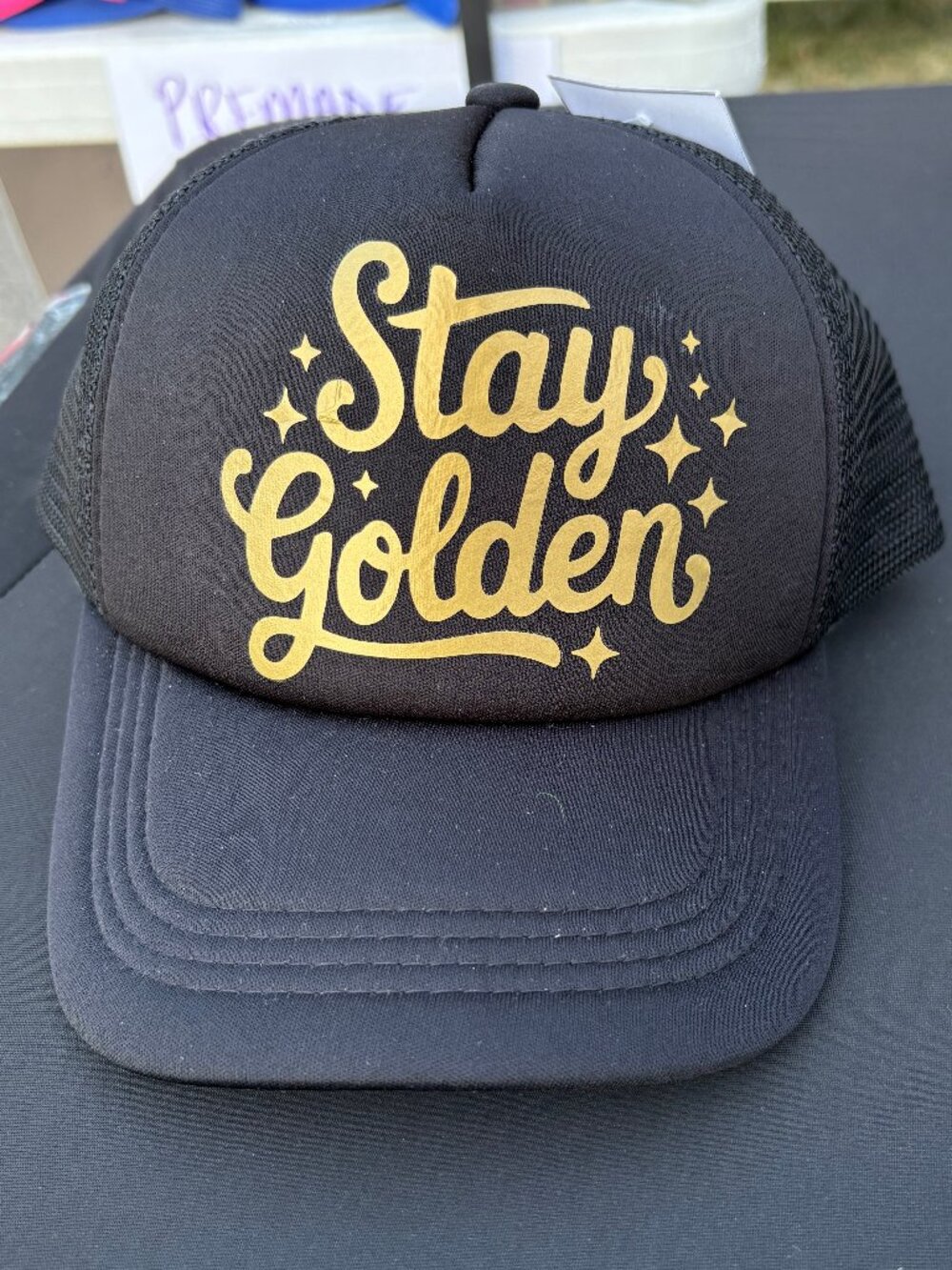 STAY GOLDEN | NEW Your Big Sister's Hat Bar Custom Trucker Hat Black/Black
